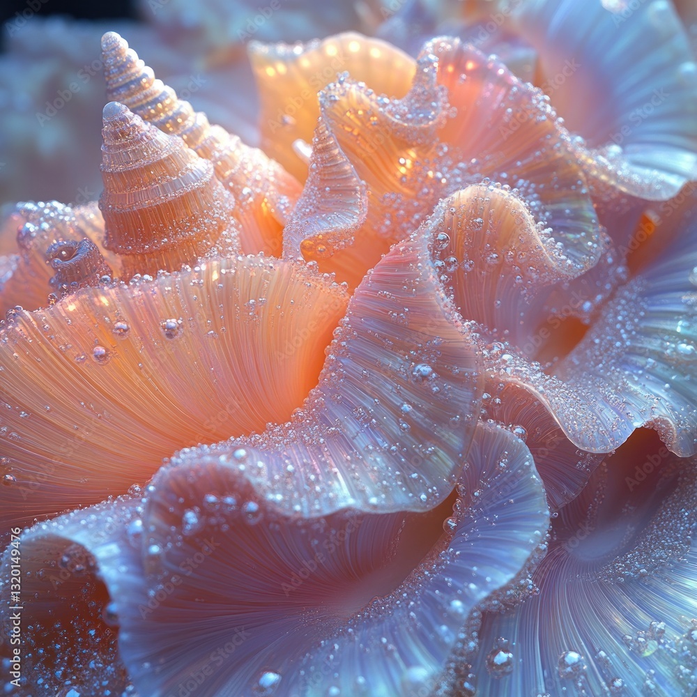 Poster iridescent seashell texture close-up in pastel colors with soft ambient lighting and intricate patte