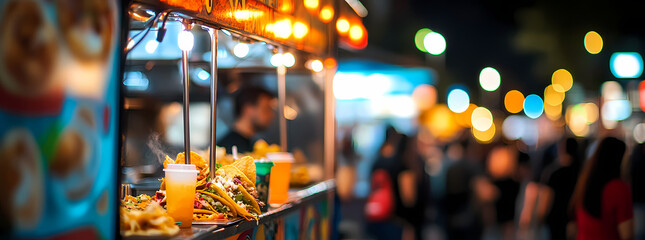 Vibrant Street Food Scene: Illuminated food stall at night offers tasty food to a blurred crowd with inviting ambiance. Capturing the essence of urban culinary experiences.