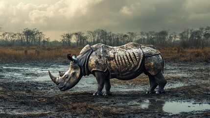 Fototapeta premium Large rhinoceros in a muddy savanna