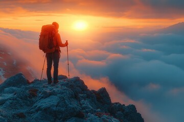 Hiker Standing on Rocky Mountain Peak at Sunrise with Backpack and Trekking Poles in Beautiful Misty Landscape