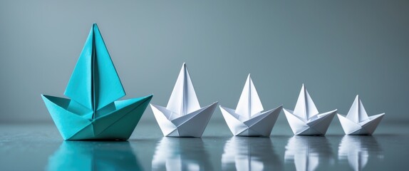 Obraz premium Leadership concept featuring a blue paper ship guiding among white ones.