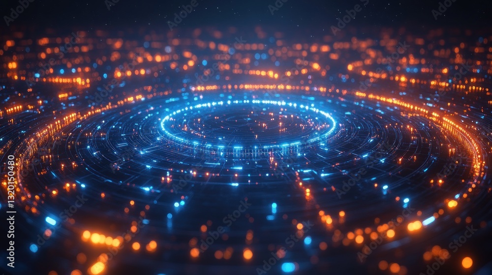 Poster futuristic digital network with glowing blue nodes and wireframe design in dark ambient space