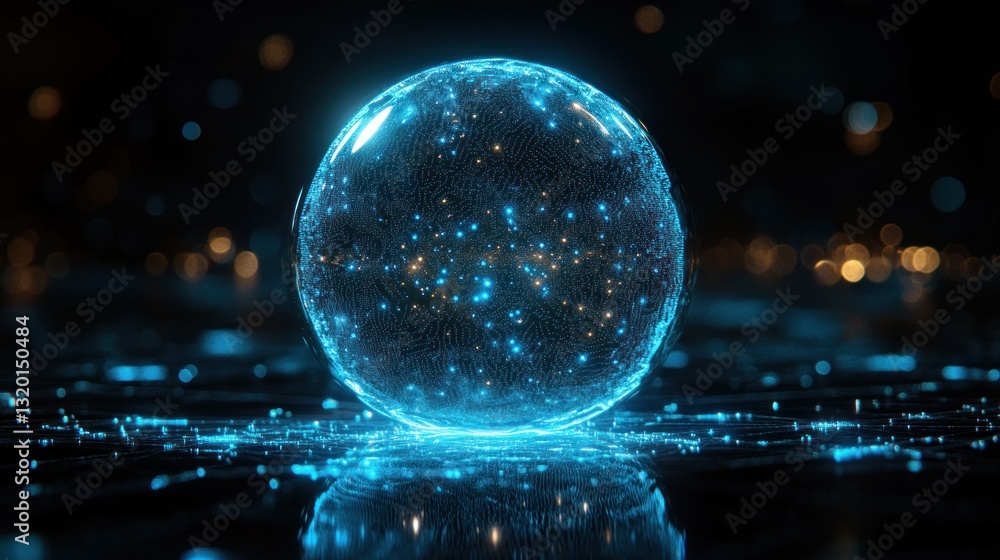 Poster futuristic glowing sphere with digital patterns and wireframe design in blue on black background