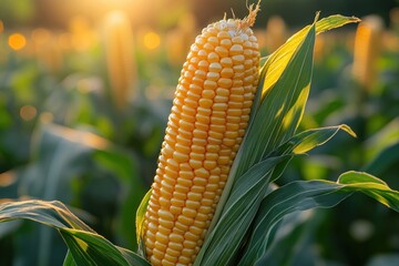 Vibrant Corn Cob in Lush Green Field with Sunlight