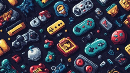 Gaming Accessories Mosaic: An artistic compilation of various gaming accessories scattered across a dark background, presenting a vibrant assortment of gamepads, controllers.