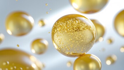 Fototapeta premium Isolated golden yellow face serum or oil bubbles on a white backdrop. Macro images of oil bubbles.