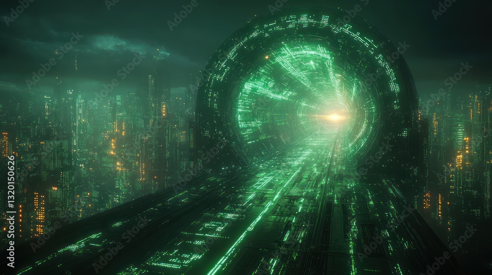 Aufkleber futuristic green waveform design with abstract digital sphere and technology grid elements