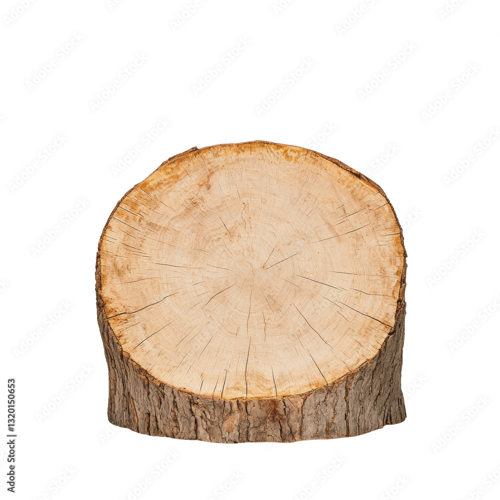 Poster a round wooden log slice showcasing its textured surface and natural patterns.