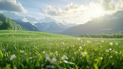 Fototapeta premium Idyllic mountain meadow landscape with wildflowers under a sunny sky