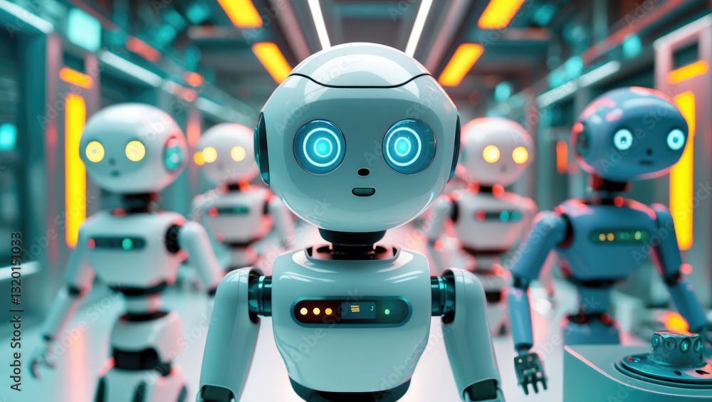 Poster isolated on white, robots used for automation or as assistants.