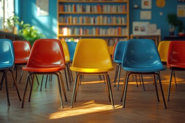 Colorful Kindergarten Classroom Scene with Bookshelves and Chairs