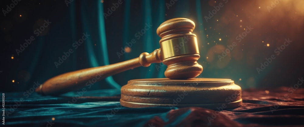 Poster gavel of a judge positioned on the backdrop.