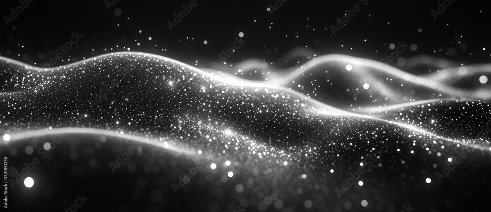Aufkleber abstract flowing waves of illuminated particles in minimalist black and white with soft lighting and