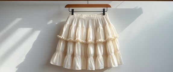 Ivory ruffled skirt displayed on a clothes rack against a white background.