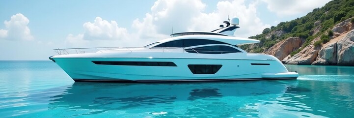 Sleek yacht exterior, glass desk reflects azure sea, exterior, modern