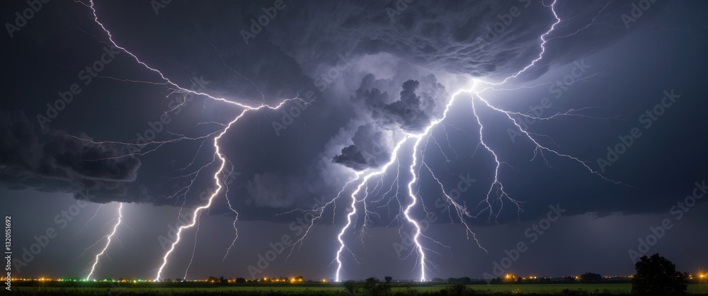 Poster lightning streak from a thunderstorm cloud at night in a rural area. there are several lightning str