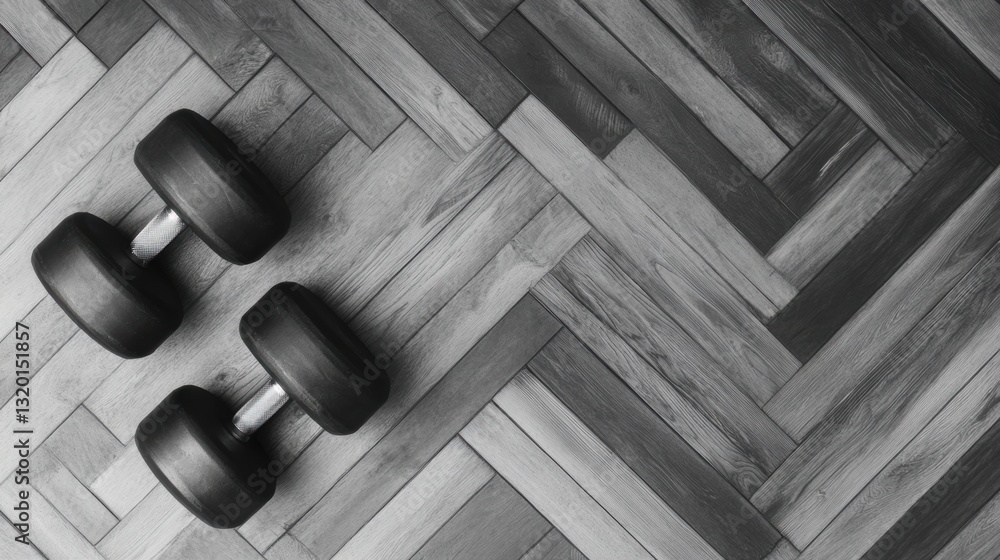 Poster Minimalist black and white dumbbells placed on a textured wooden floor emphasizing negative space and diagonal lines