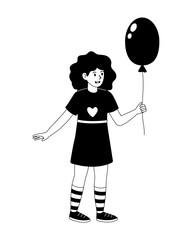 Young girl holds a balloon in a playful black and white illustration