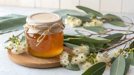 A jar of eucalyptus honey with eucalyptus leaves and flowers, highlighting its pronounced, slightly medicinal aroma. Copy Space
