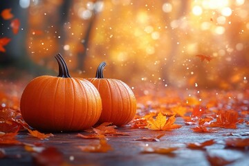 Autumn Pumpkins and Maple Leaves Background for Fall Decorations and Seasonal Celebrations