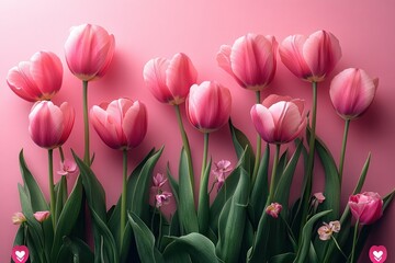 Fototapeta premium Valentine's Day Celebration with Pink Hearts and Tulips on Pastel Pink Background
