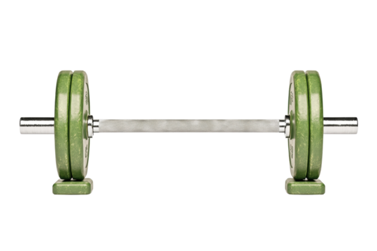 A green barbell with silver weights, designed for strength training and fitness exercises.
