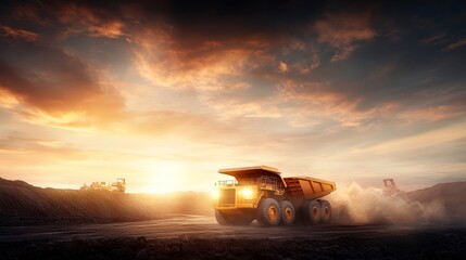 Heavy Dump Truck Operating at Sunset in Construction Site