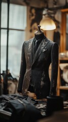 Bespoke suit on a mannequin in a vintage tailoring atelier setting