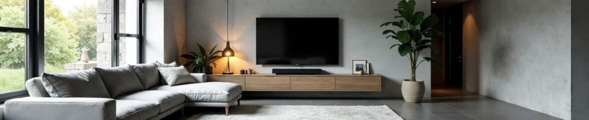 Modern gray sectional & floating TV unit in loft , television, contemporary, furniture