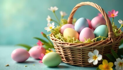 Naklejka premium Pastel colored eggs in woven basket, spring blooms, festive, springtime, bunny