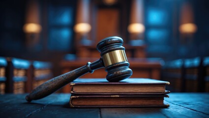 Judge gavel and legal books in a courtroom, law and justice theme concept.