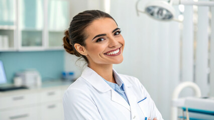 Fototapeta premium Young female dentist smiling in dental clinic, showcasing professionalism and warmth