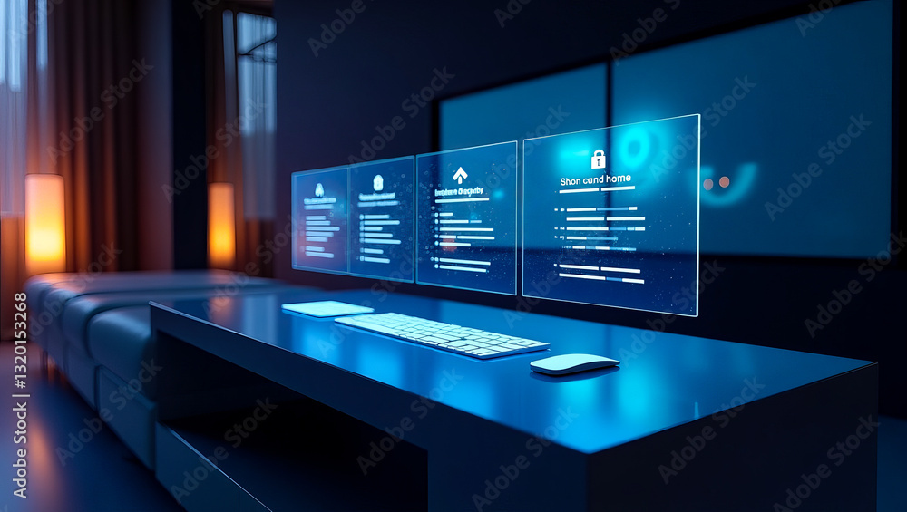 Poster modern smart home security system interface digital displays technology futuristic dashboard home au
