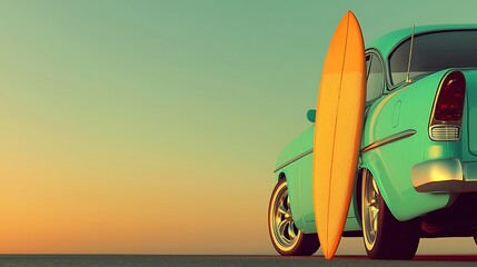 Vintage Car and Surfboard at Sunset