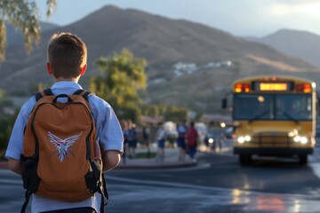A young boy stands with a backpack, watching a school bus approach in a quiet neighborhood. The mountains loom in the background as afternoon light bathes the scene