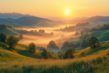 Fototapeta premium sunrise over misty hills vibrant landscape countryside dawn foggy rural fields