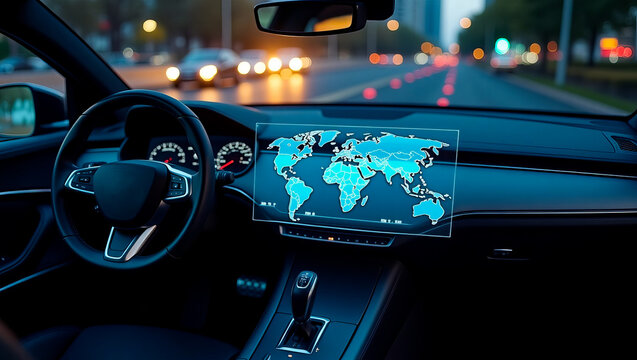 Modern Car Interior Navigation System World Map Display Futuristic Technology Dashboard Night City Driving Advanced Automobile Features Global Travel 