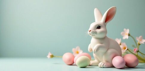 Obraz premium Ceramic Easter bunny, delicate pastel eggs, gentle lighting , spring, gentle