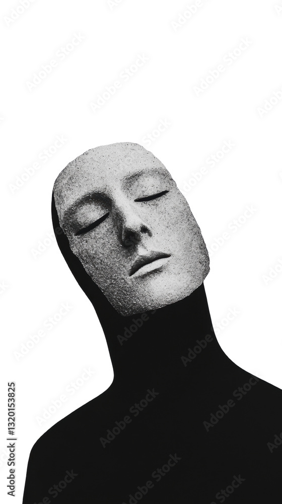 Poster a monochromatic image of a serene, faceless figure with a textured surface, set against a black back