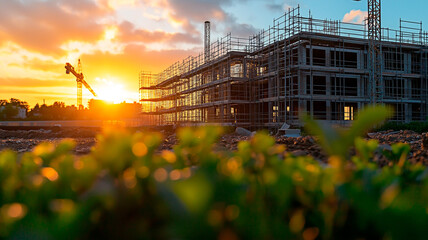 A modern building under construction with scaffolding and a crane at sunset, viewed from a green field. Concept of urban development, sustainable growth, and infrastructure progress.
