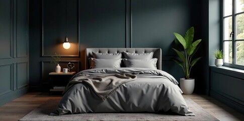 Dark charcoal walls, luxurious bedding, subtle lighting, side table , room design, bedside table