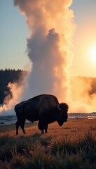 Majestic bison silhouetted against Yellowstone geyser plume  Untamed natural beauty , USA, sunset