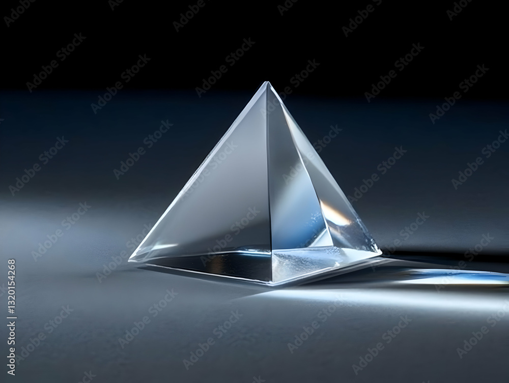 Poster a transparent glass pyramid reflects light on a dark surface, creating an abstract 3d background ima