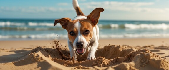 jack russell dog excavating a hole in the sand at the beach, ocean background behind