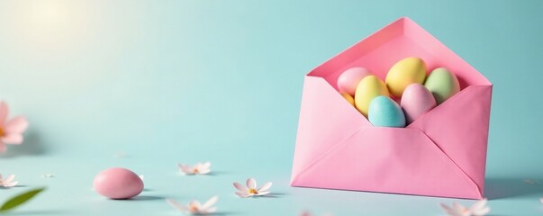 Pastel pink envelope with colorful Easter eggs scattered nearby , design, Easter celebration, spring