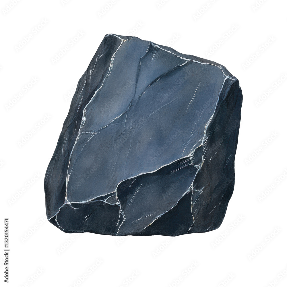 Poster a rough, dark rock with angular edges and subtle light reflections on its surface.