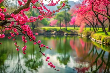 Serene Pink Blossoms Reflecting in a Tranquil Pond, a Peaceful Springtime Scene