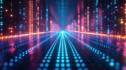 Obraz premium Futuristic Digital Grid with Vibrant Neon Dots and Cyberpunk Aesthetics