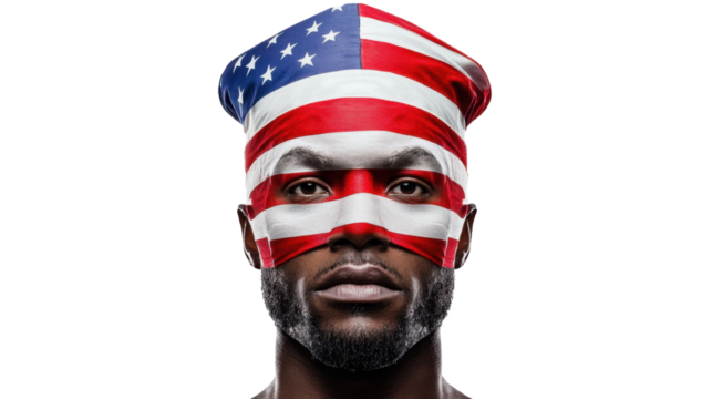 A man displays patriotic pride with his face and head adorned in American flag colors and patterns.