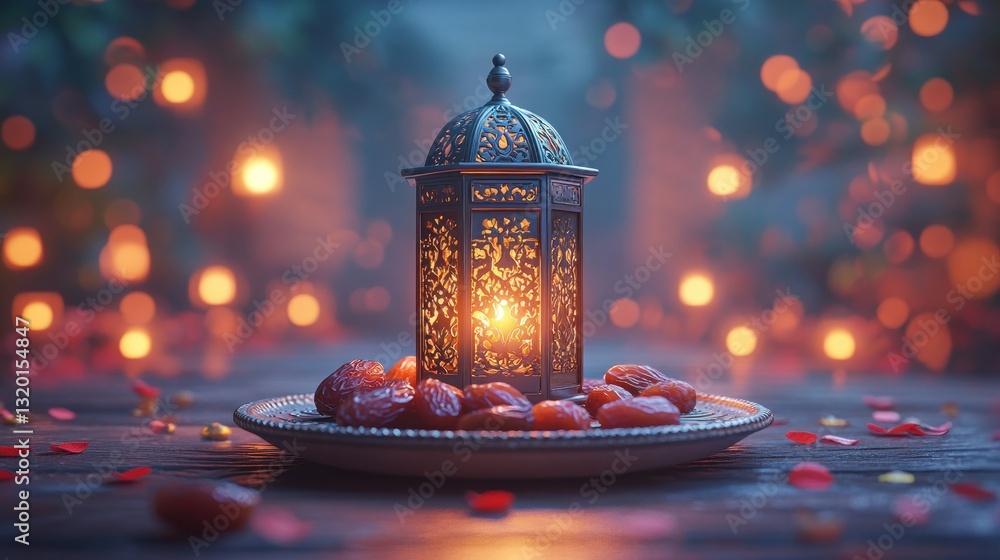 Poster illuminated lantern & dates on rustic surface, warm bokeh background